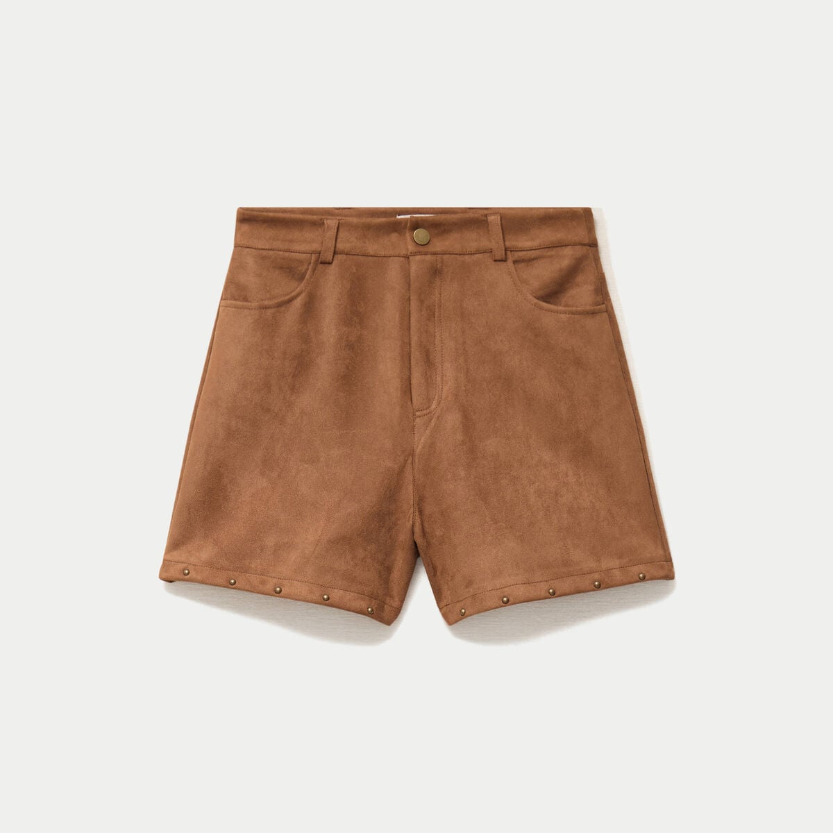 Short taille haute aspect daim clout&eacute; camel femme