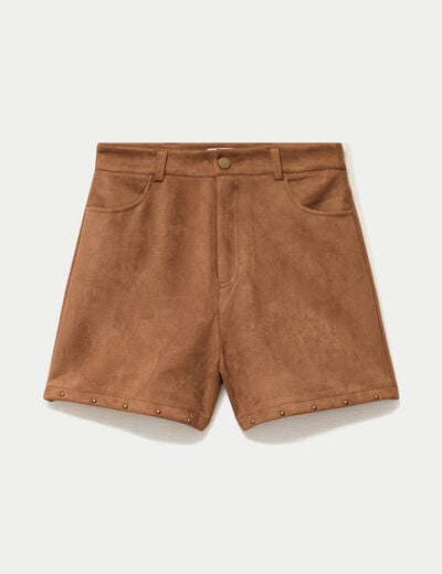Short taille haute aspect daim clout&eacute; camel femme