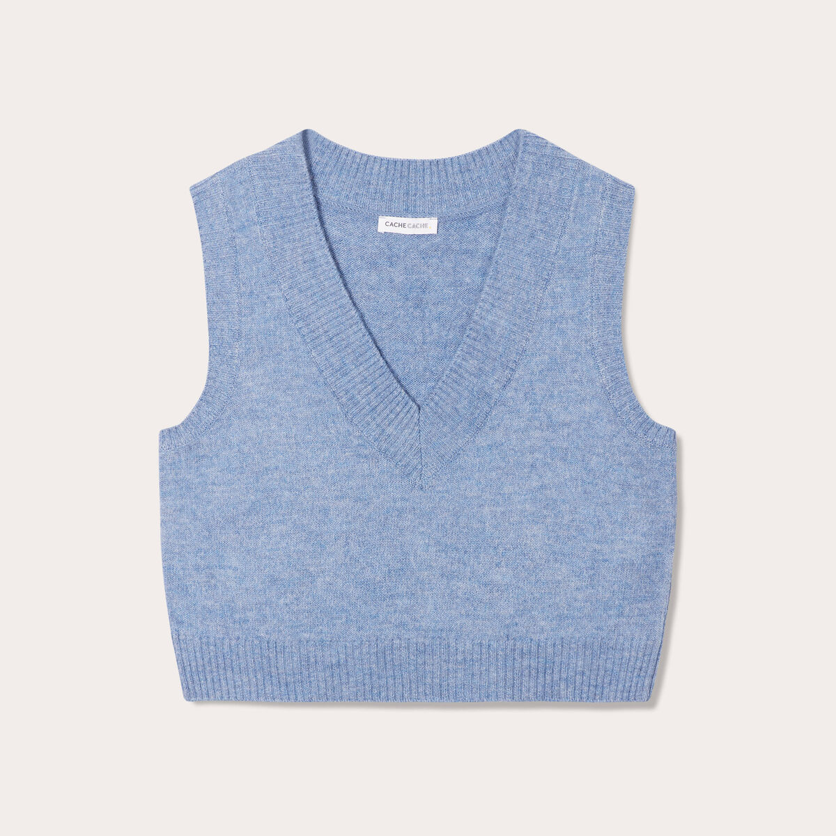 Pull sans manches col en V bleu pastel femme