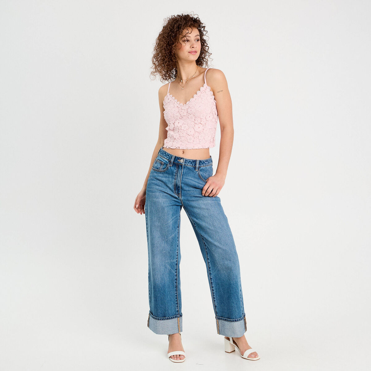 Débardeur cropped dentelle rose clair femme