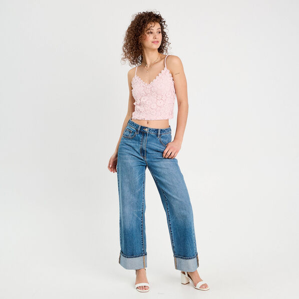 Débardeur cropped dentelle rose clair femme