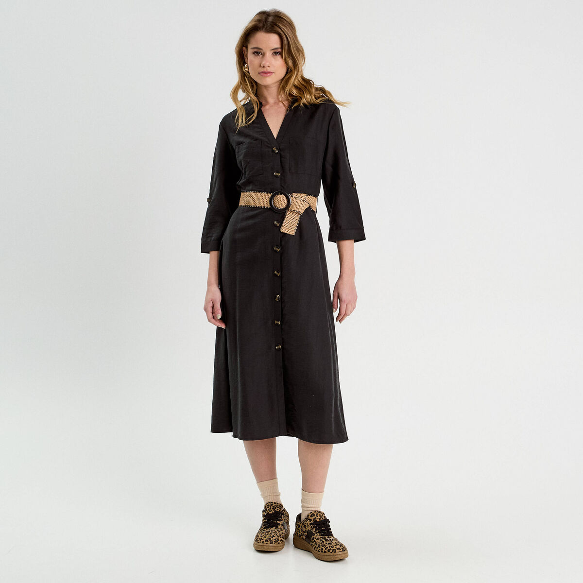 Robe longue évasée ceinturée noir femme