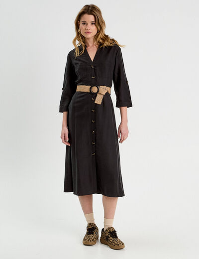 Robe longue évasée ceinturée noir femme