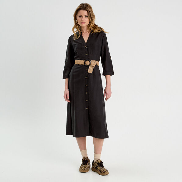 Robe longue évasée ceinturée noir femme
