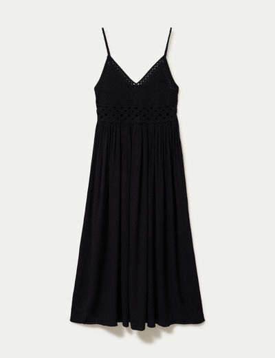 Robe longue bi-mati&egrave;re col v noir femme