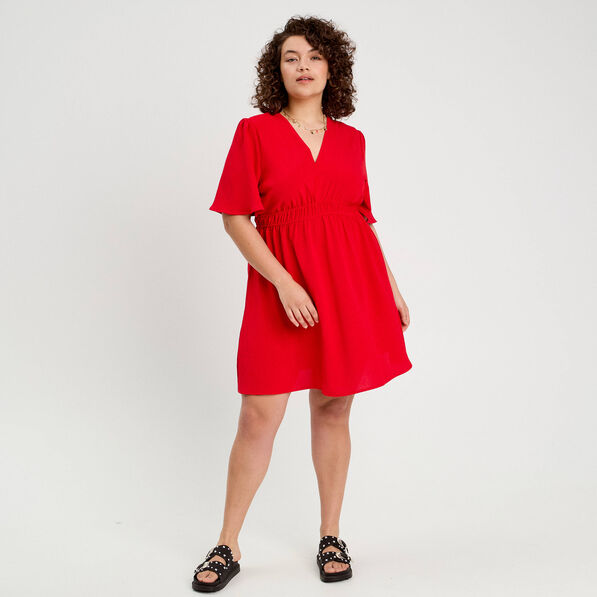 Robe évasée taille élastiquée rouge femme