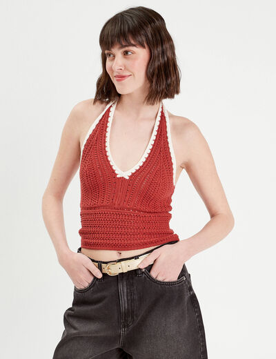 Débardeur cropped crochet vieux rose femme