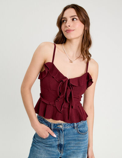 Débardeur cropped volants bordeaux femme