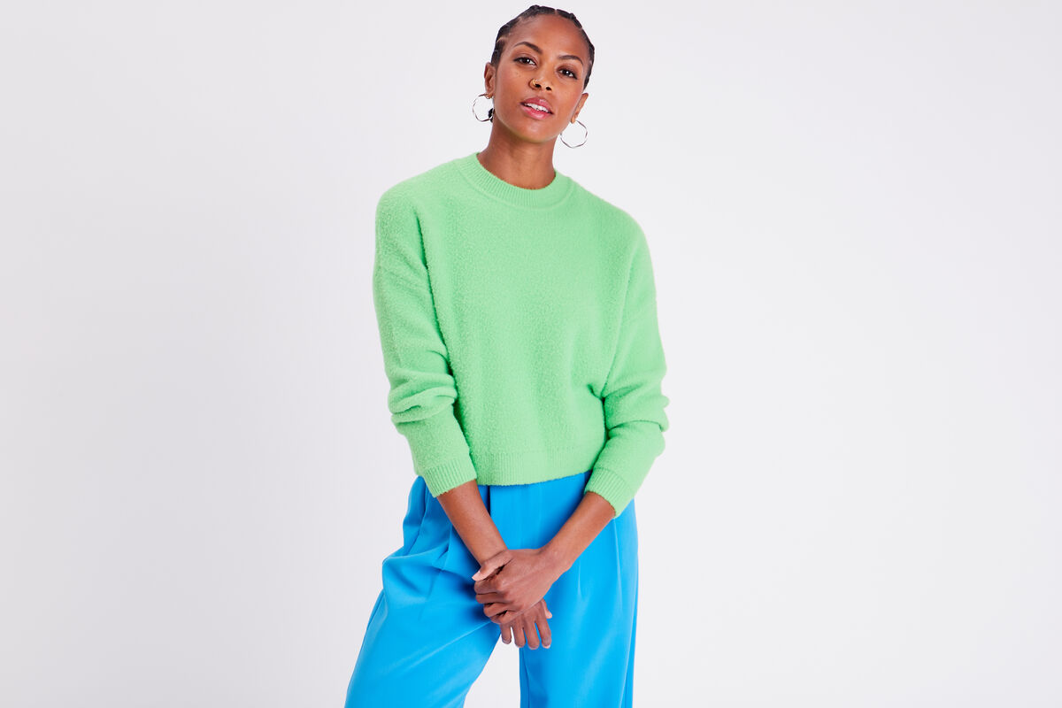 Pull cropped col rond vert femme