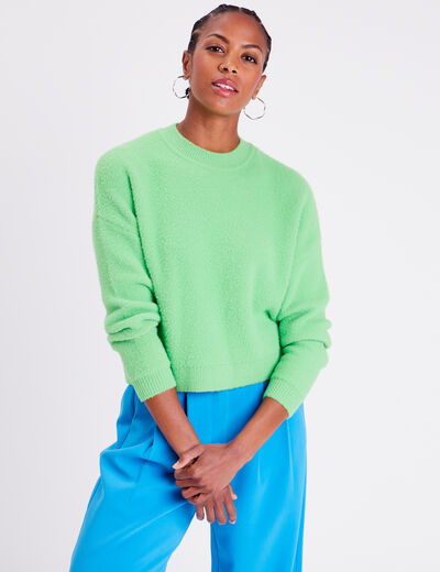 Pull cropped col rond vert femme