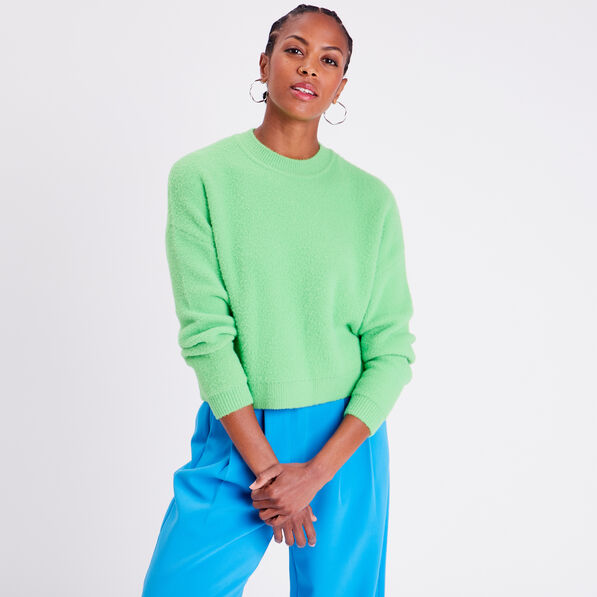 Pull cropped col rond vert femme