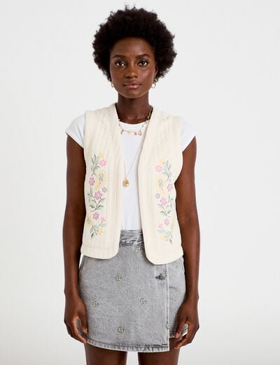 Veste droite sans manches col rond ecru femme