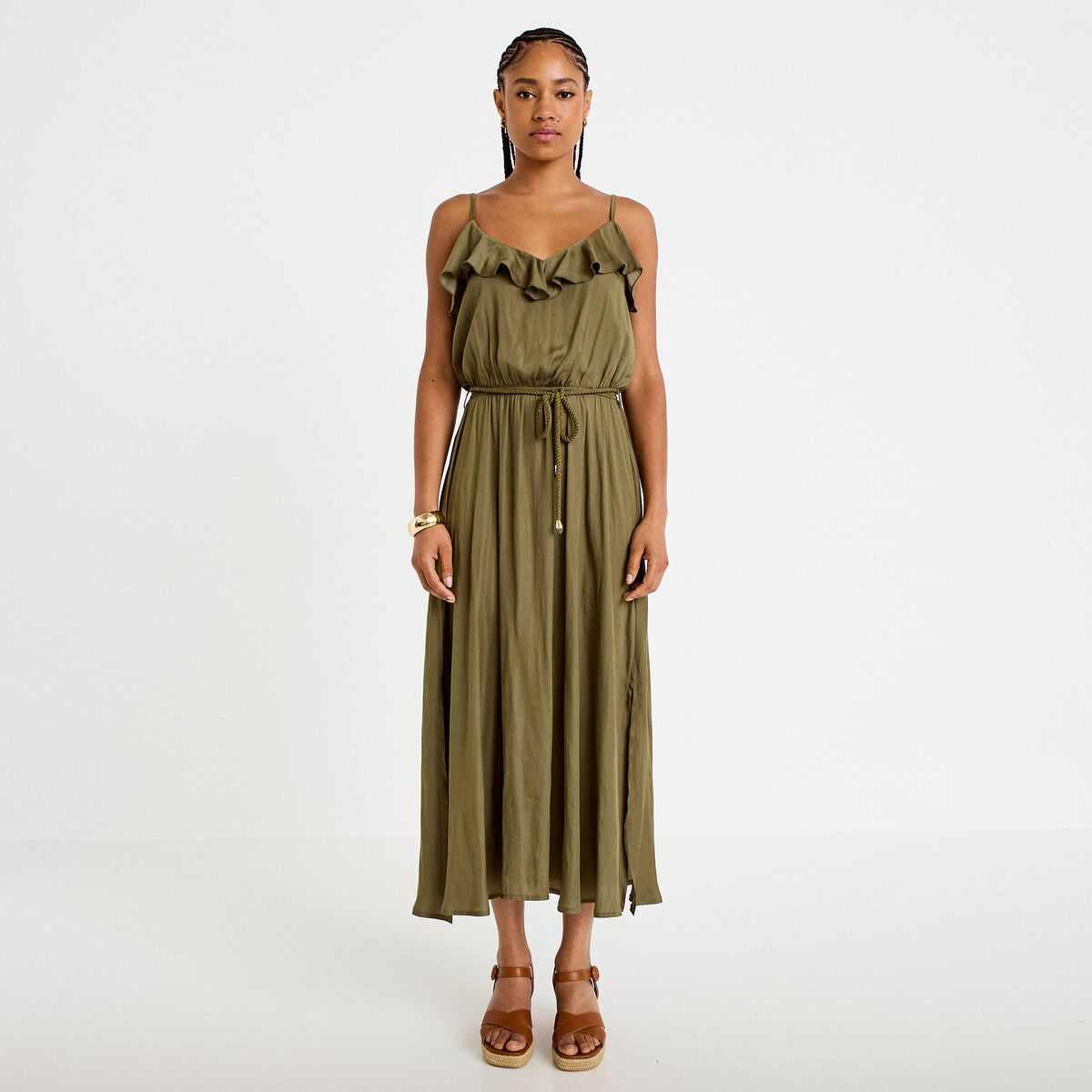 Robe longue &eacute;vas&eacute;e col v bretelles vert kaki femme