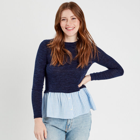 pull effet 2 en 1 chemise bleu marine femme Pull effet 2-en-1 chemise bleu marine femme