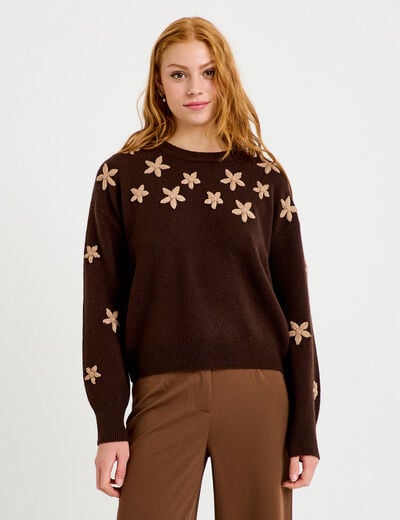 Pull oversize brod&eacute; manches longues marron fonc&eacute; femme