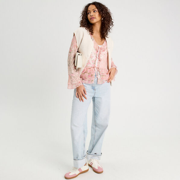 blouse nouee manches longues rose pastel femme Blouse nouée manches longues rose pastel femme