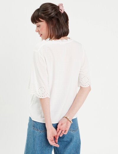 Blouse manches courtes brodée blanc femme