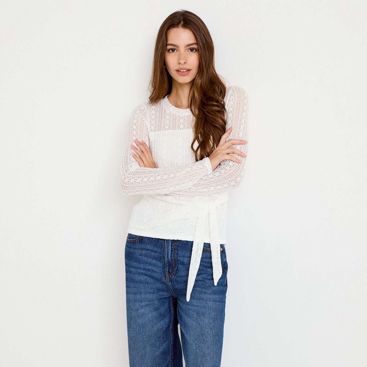 Top droit manches longues dentelle ecru femme