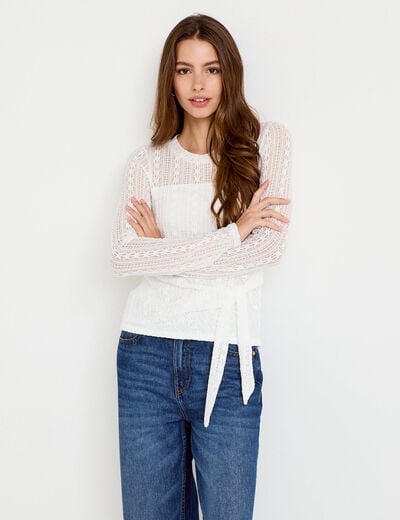 Top droit manches longues dentelle ecru femme