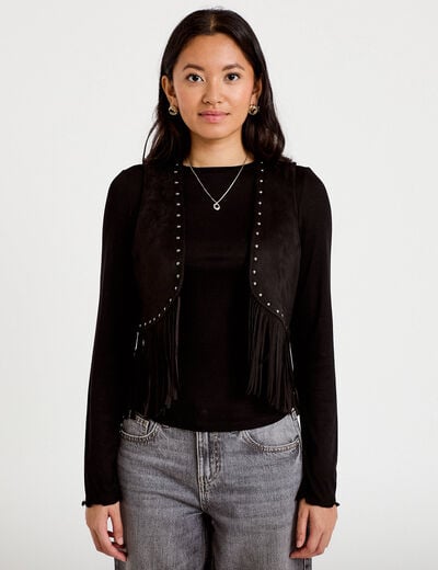Gilet droit sans manches aspect daim noir femme