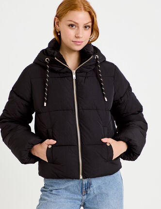 Doudoune droite cropped &agrave; capuche noir femme