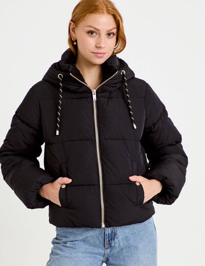 Doudoune droite cropped &agrave; capuche noir femme