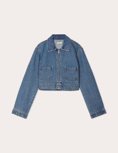 Veste courte zippée en jean denim stone femme