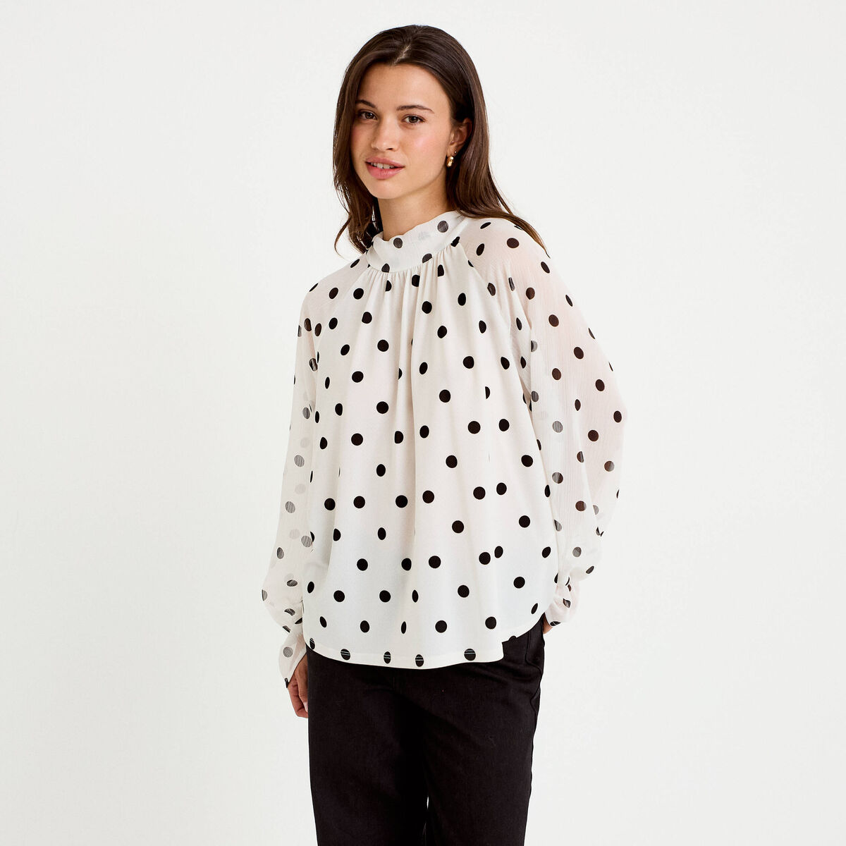 Blouse droite voile manches longues blanc femme