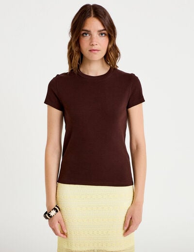 T-shirt c&ocirc;tel&eacute; ajust&eacute; manches courtes marron fonc&eacute; femme