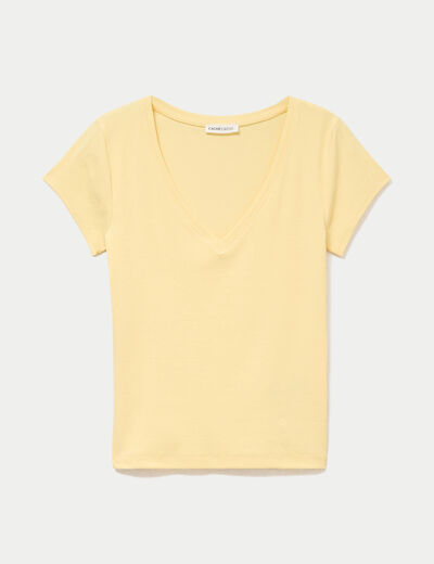 T-shirt ajust&eacute; col v manches courtes jaune clair femme