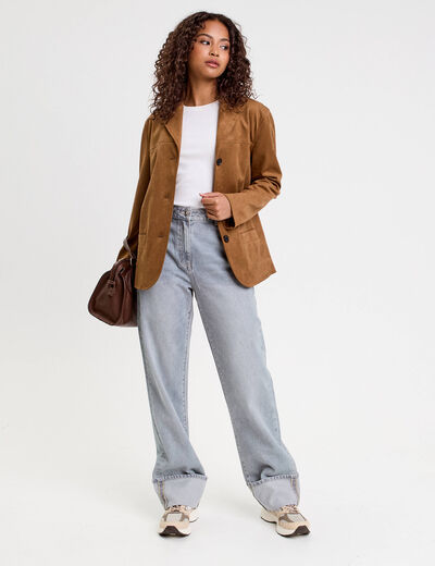 Jeans droit à revers denim gris femme
