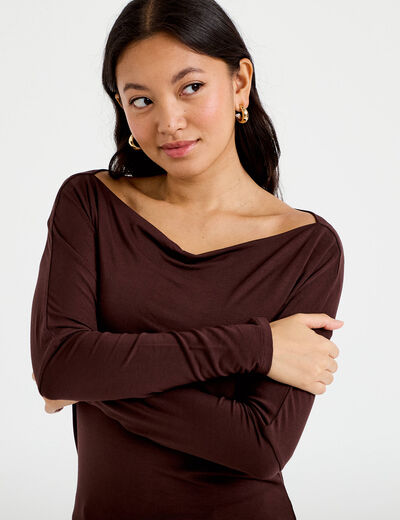 T-shirt col bateau manches longues marron fonc&eacute; femme