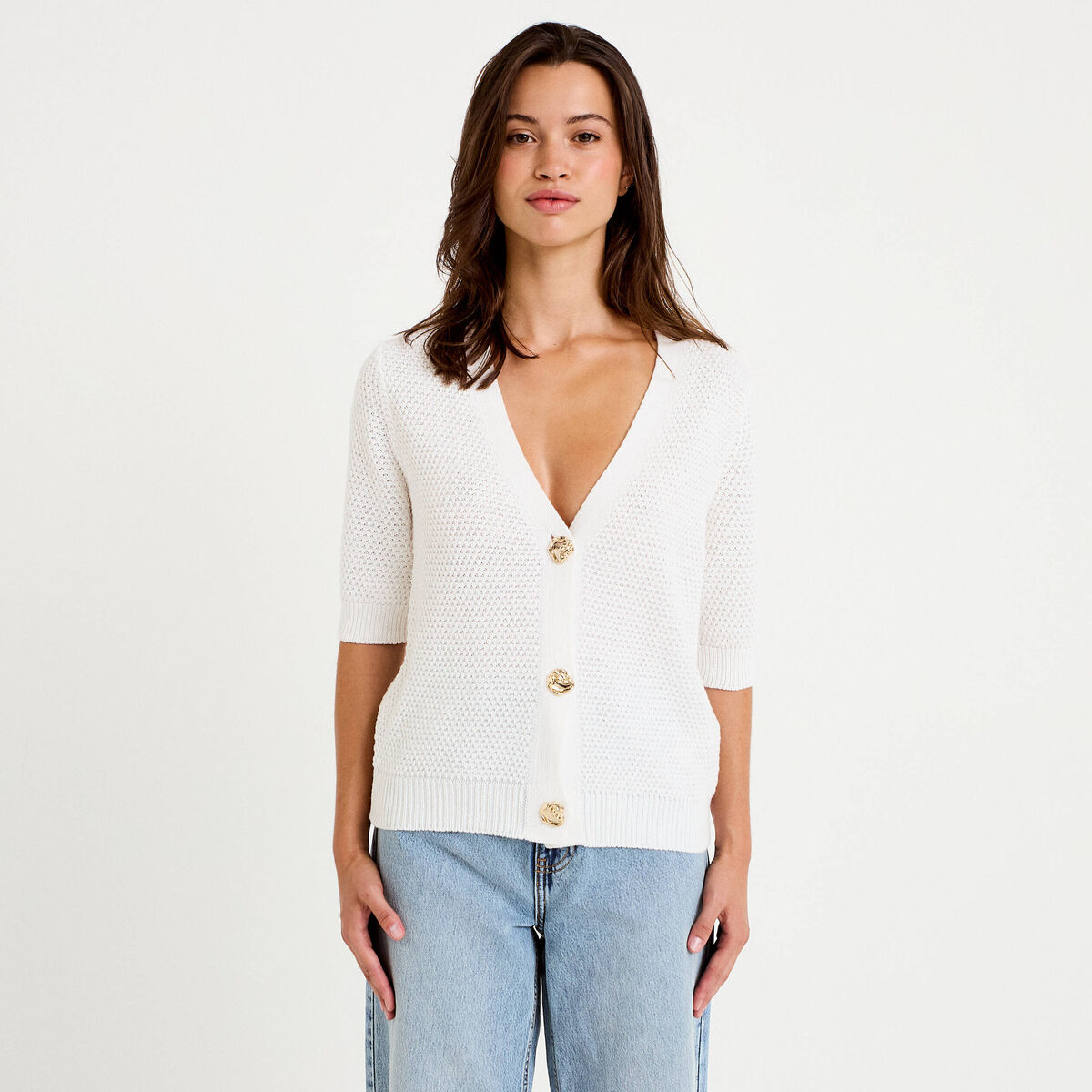 Gilet col v manches courtes ecru femme