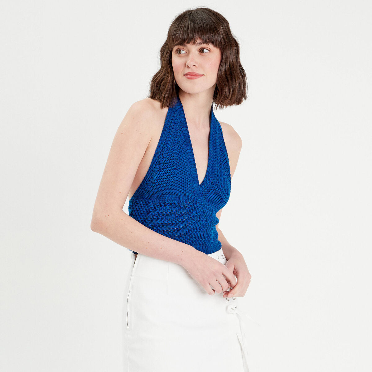 Crop top en crochet bleu electrique femme