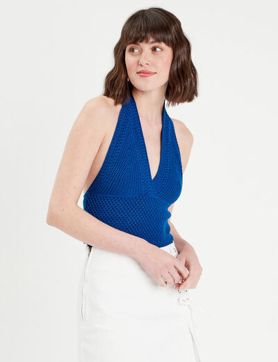 Crop top en crochet bleu electrique femme