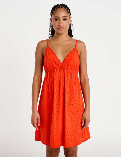 Robe courte &eacute;vas&eacute;e col v bretelles orange fonc&eacute; femme