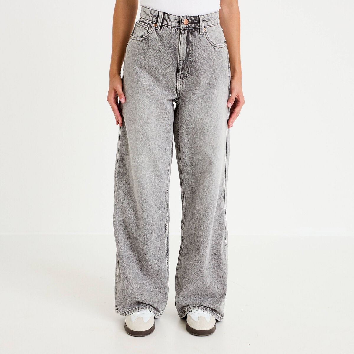 Jean wide leg taille haute Petite denim gris femme