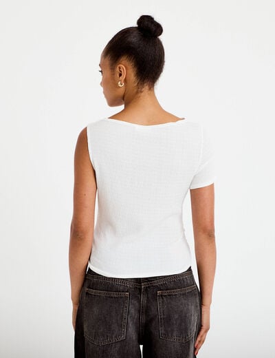 Top one shoulder pliss&eacute; manches courtes ecru femme