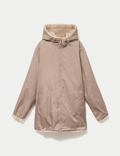 Parka r&eacute;versible 3/4 &agrave; capuche beige femme