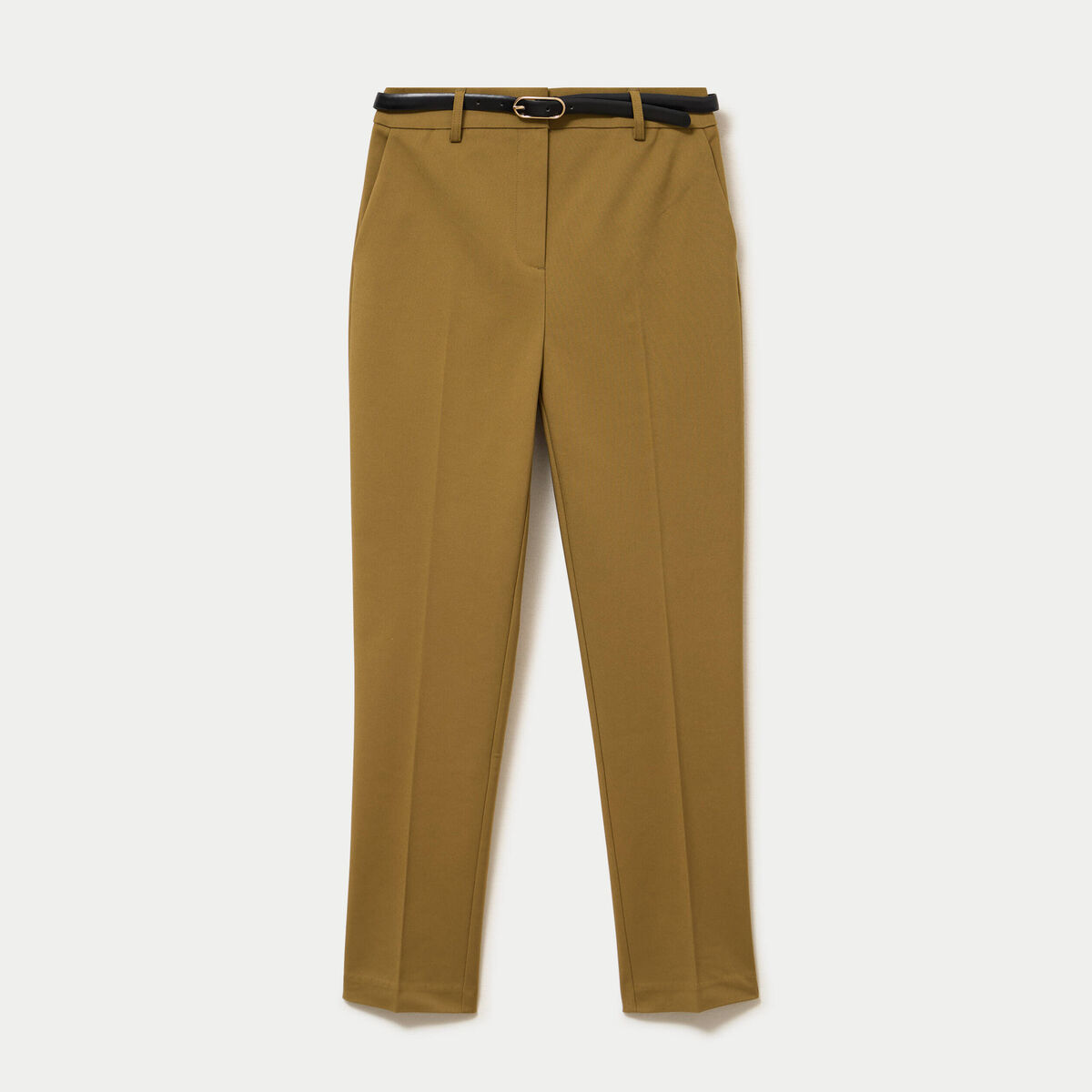 Pantalon cigarette ceintur&eacute; vert kaki femme