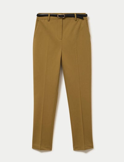 Pantalon cigarette ceintur&eacute; vert kaki femme