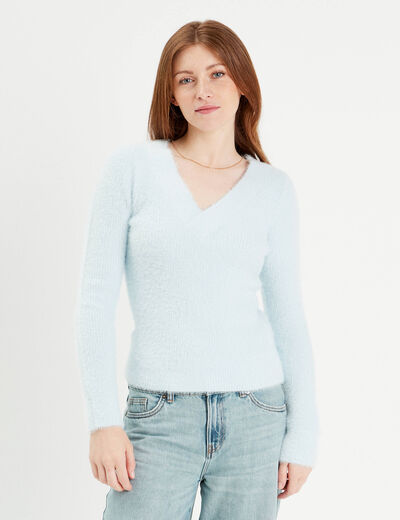 Pull manches longues col en V bleu pastel femme