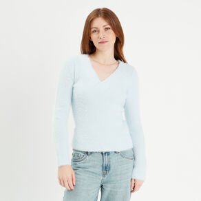 pull manches longues col en v bleu pastel femme Pull manches longues col en V bleu pastel femme