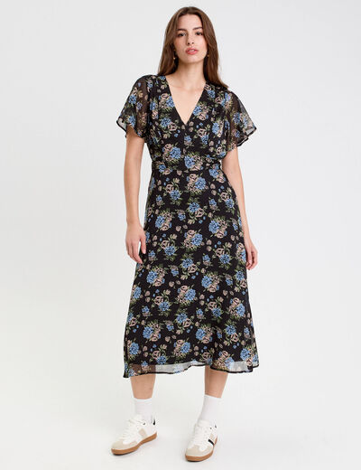Robe évasée col v manches courtes noir femme
