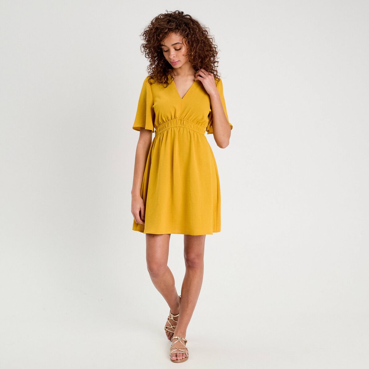 Robe évasée taille élastiquée jaune citron femme