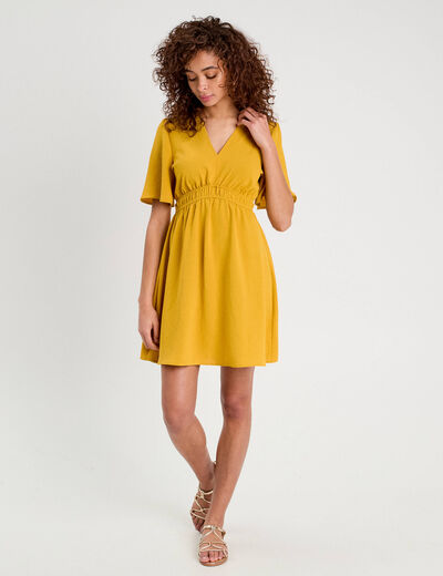 Robe évasée taille élastiquée jaune citron femme