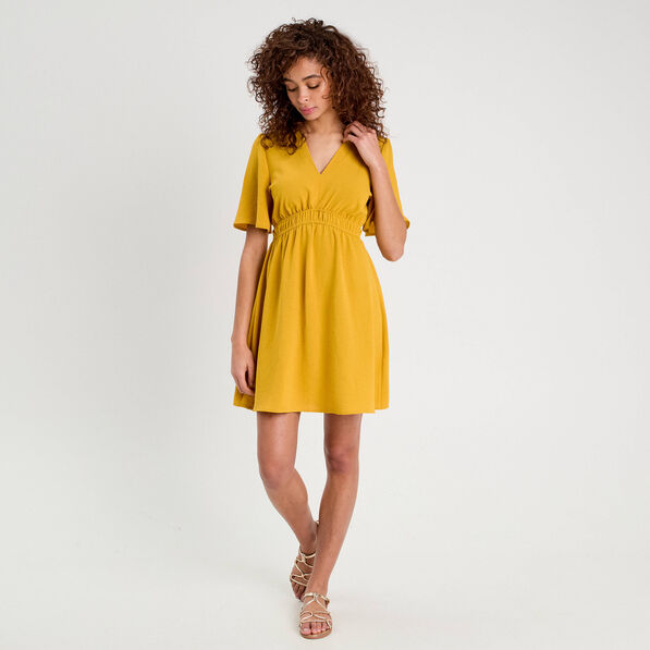Robe évasée taille élastiquée jaune citron femme