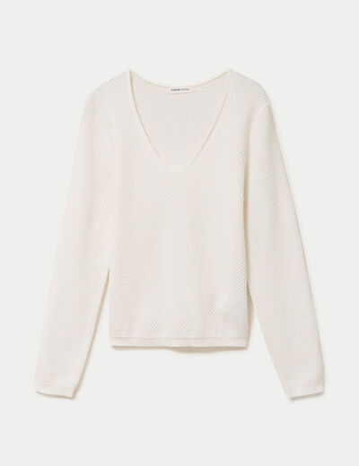 Pull col v manches longues ecru femme