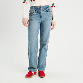 Jeans large denim double stone femme