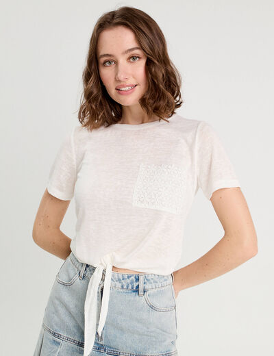 T-shirt détail noeud ecru femme